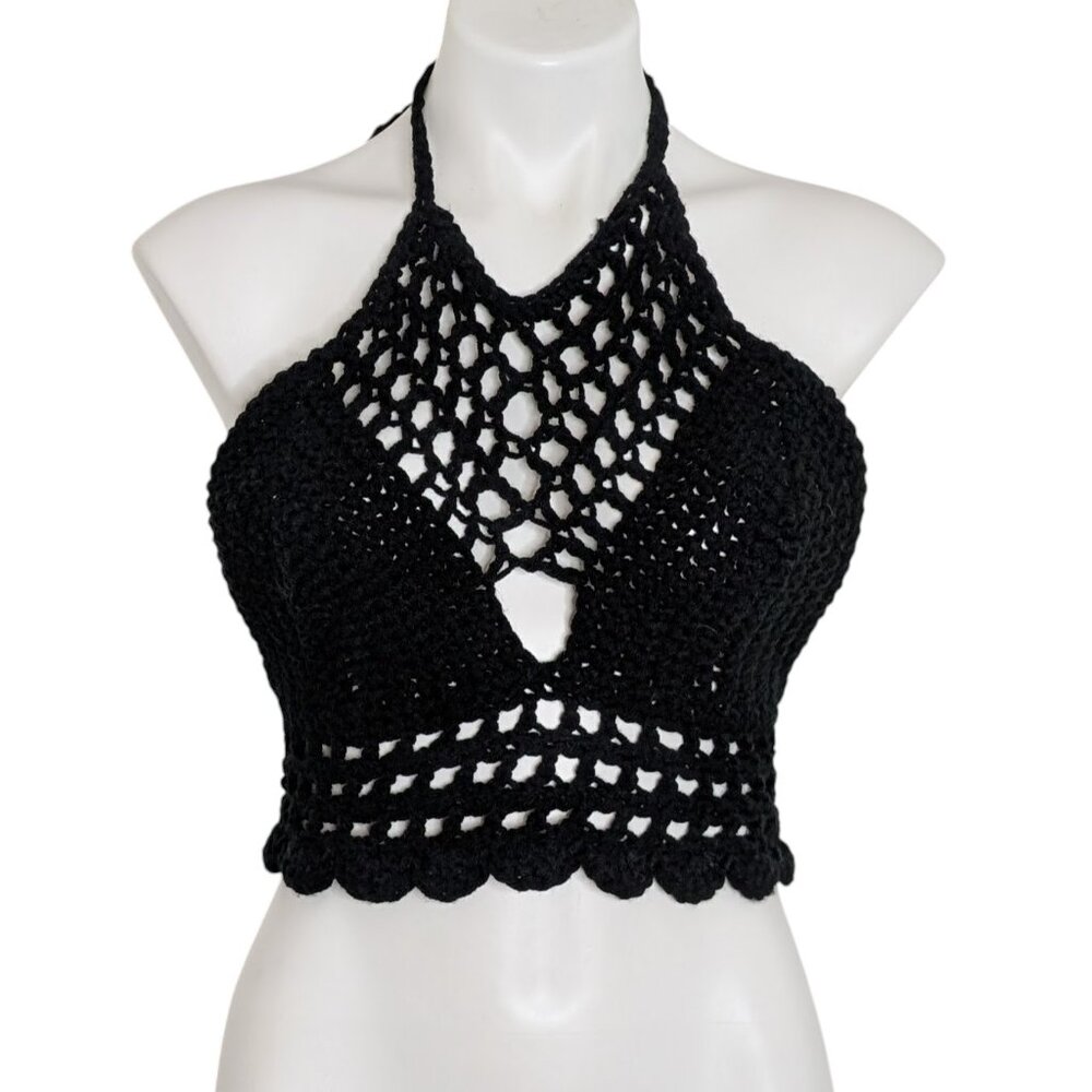 Black Open Knit Crochet Halter Neck Tie Corset Back Crop Top Free Size